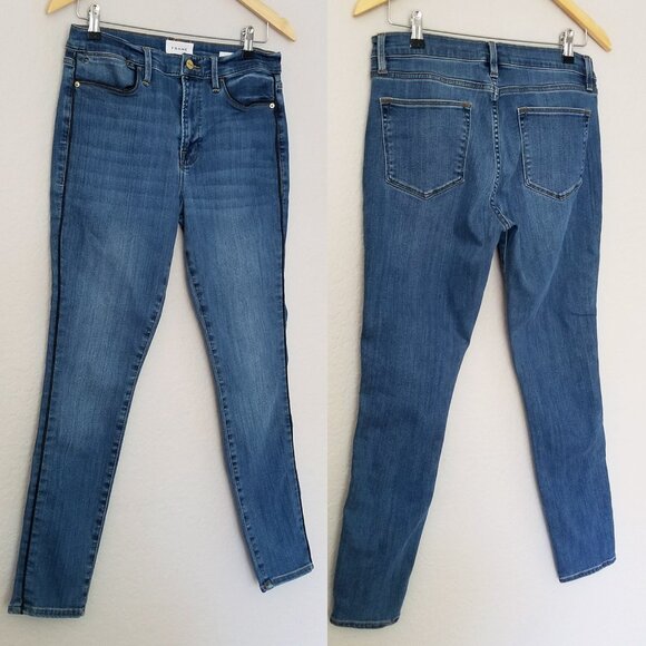 Frame Le High Skinny Jeans 31 Side Stripe Piping Stretchy Twinhill Blue $230 - Picture 16 of 16